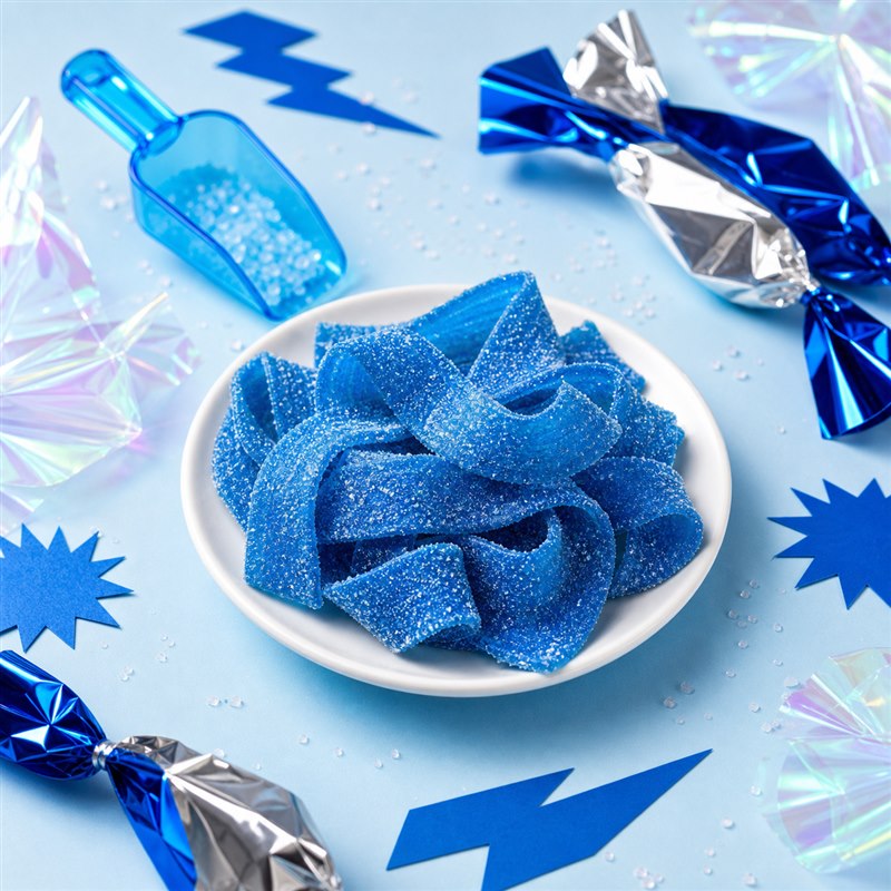 Electric blue Blue Raspberry Blast candy jerky in a colorful candy-shop scene